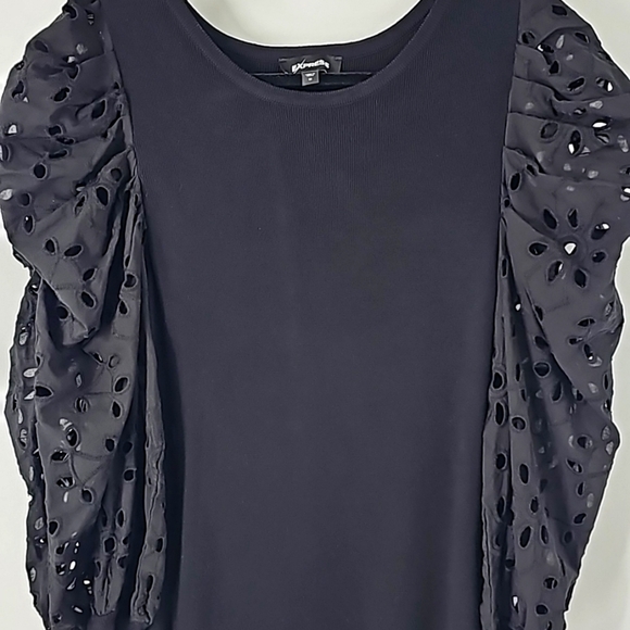 Express Black Bodycon Midi Sweater Dress w Puffed Cutout Scalloped Long Sleeves - Picture 15 of 17